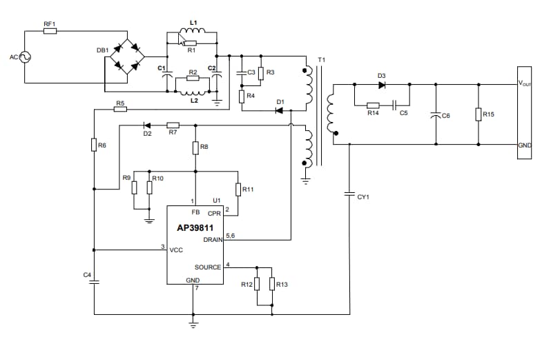 Application Circuit Diagram - Diodes Incorporated AP39811 Primary Side Regulated Power Switcher