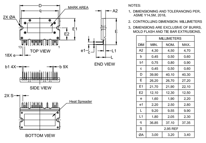 Mechanical Drawing - onsemi NXVF6532M3TG01 650V EliteSiC H-Bridge Power MOSFET