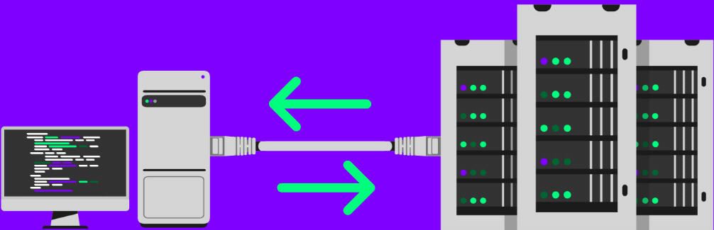 A computer writing lines of code hardwired to three server racks with arrows to indicate two way data transfer.